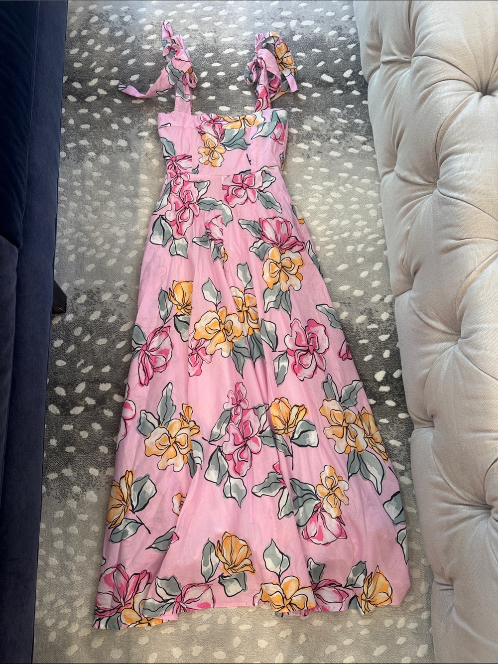 Pink Floral Tie-Strap Maxi Dress with Yellow Accents